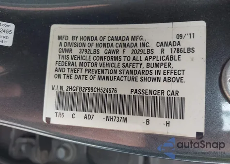 2012 Honda Civic Ex-L from USA, damaged, VIN 2HGFB2F99CH524576